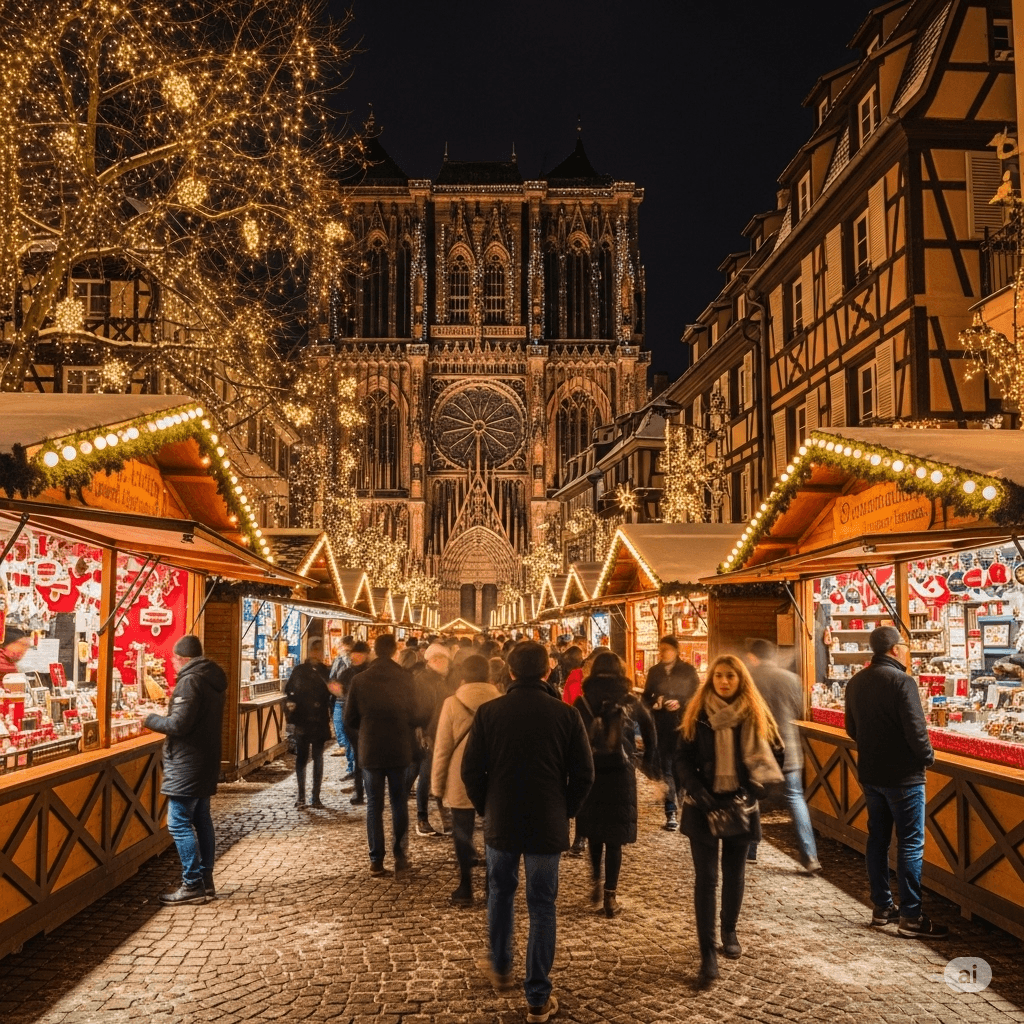 Illustration : Marchés de Noël de Strasbourg et Colmar, Fêtes Johanniques de Reims, foires et festivals rythment la vie culturelle régionale.
